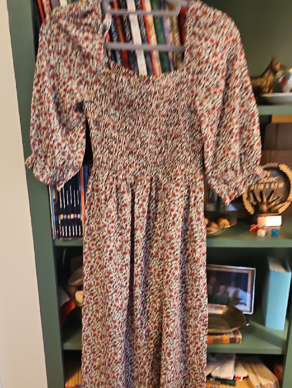 Smocked Floral Midi Dress in Cream with Red and Green Print